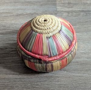 Vintage Ethiopian African Straw Colorful Woven Basket with Lid